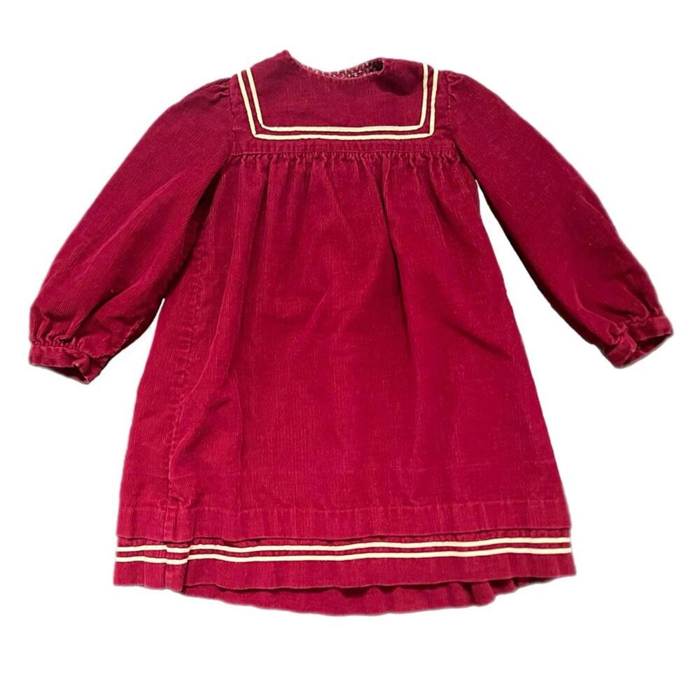 Vintage 70s Petite Gamine Maroon Corduroy Dress with Cream Trim - 4